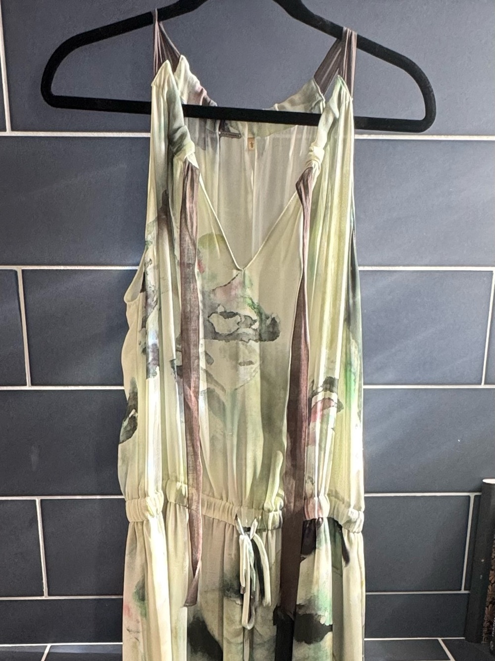 Elie Tahari Light Green Watercolor Maxi Dress with Subtle Multicolor Accents